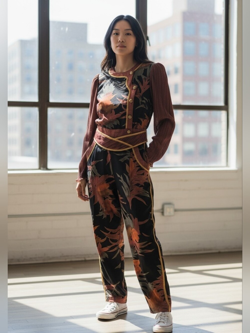 Vintage Jeanne Marc Floral Leaf Jumpsuit Long Sleeve Copper Black Metallic